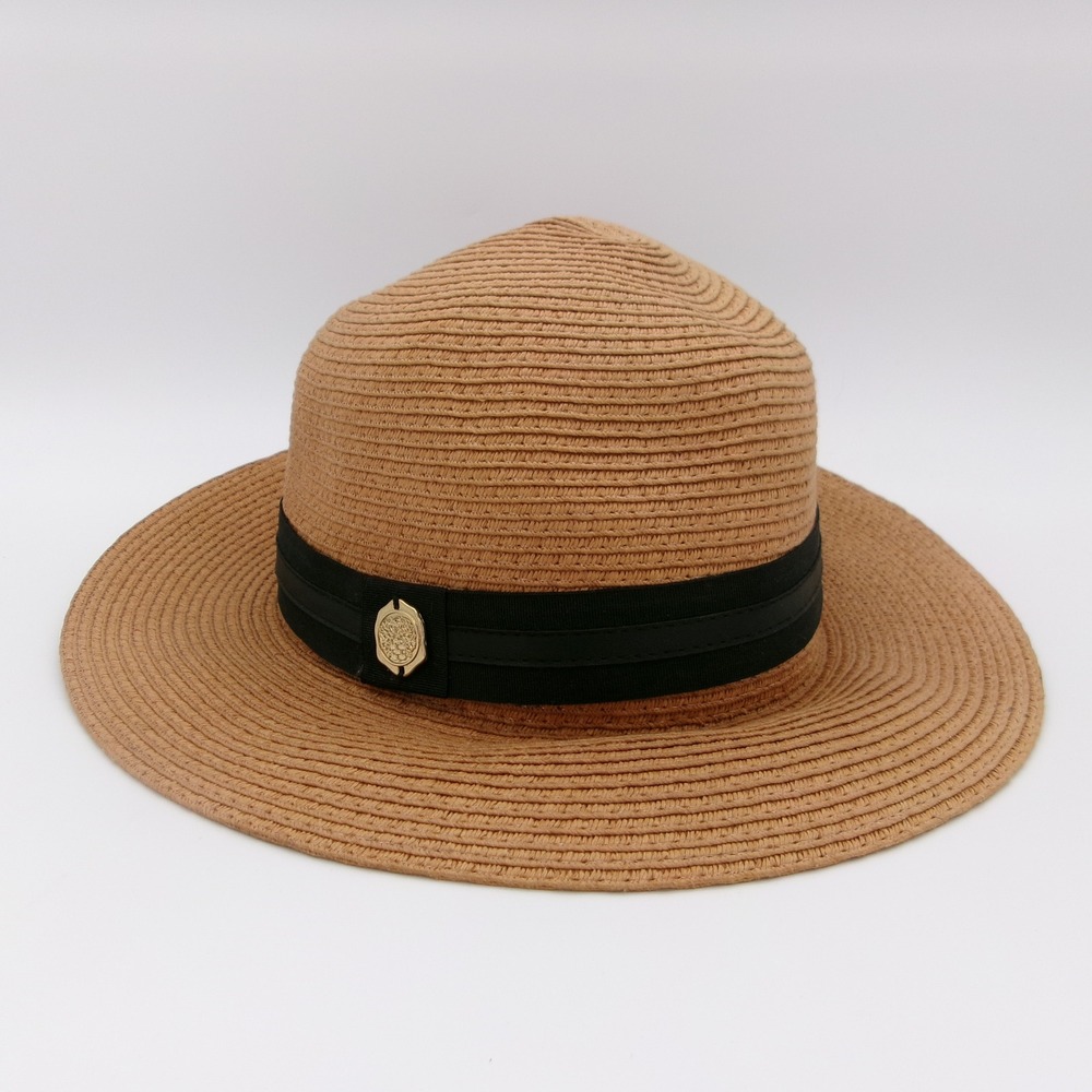 Vince Camuto Tan Straw Sun Hat Black Ribbon Gold Logo Hardware O/S